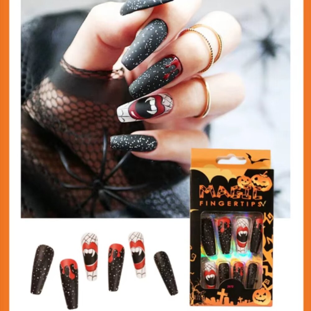 Long Gothic Coffin Shaped Vampire Press On Nails Fake Artificial Glue On